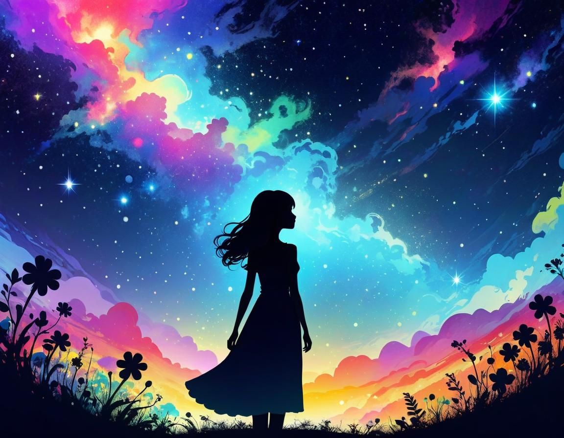 Psychedelic Silhouette in Starry Fantasy Illustration