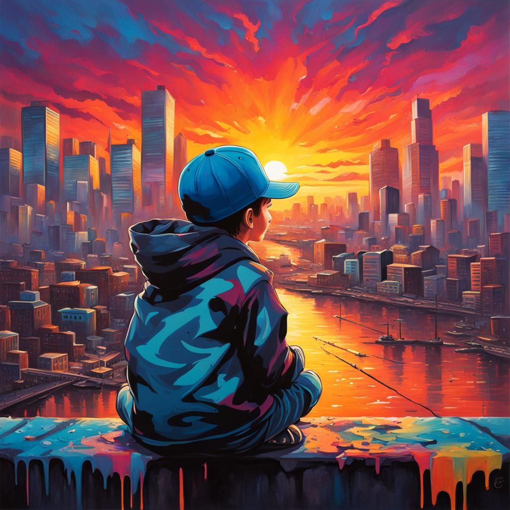 Boy Watching Sunset in Graffiti Splash Art Style