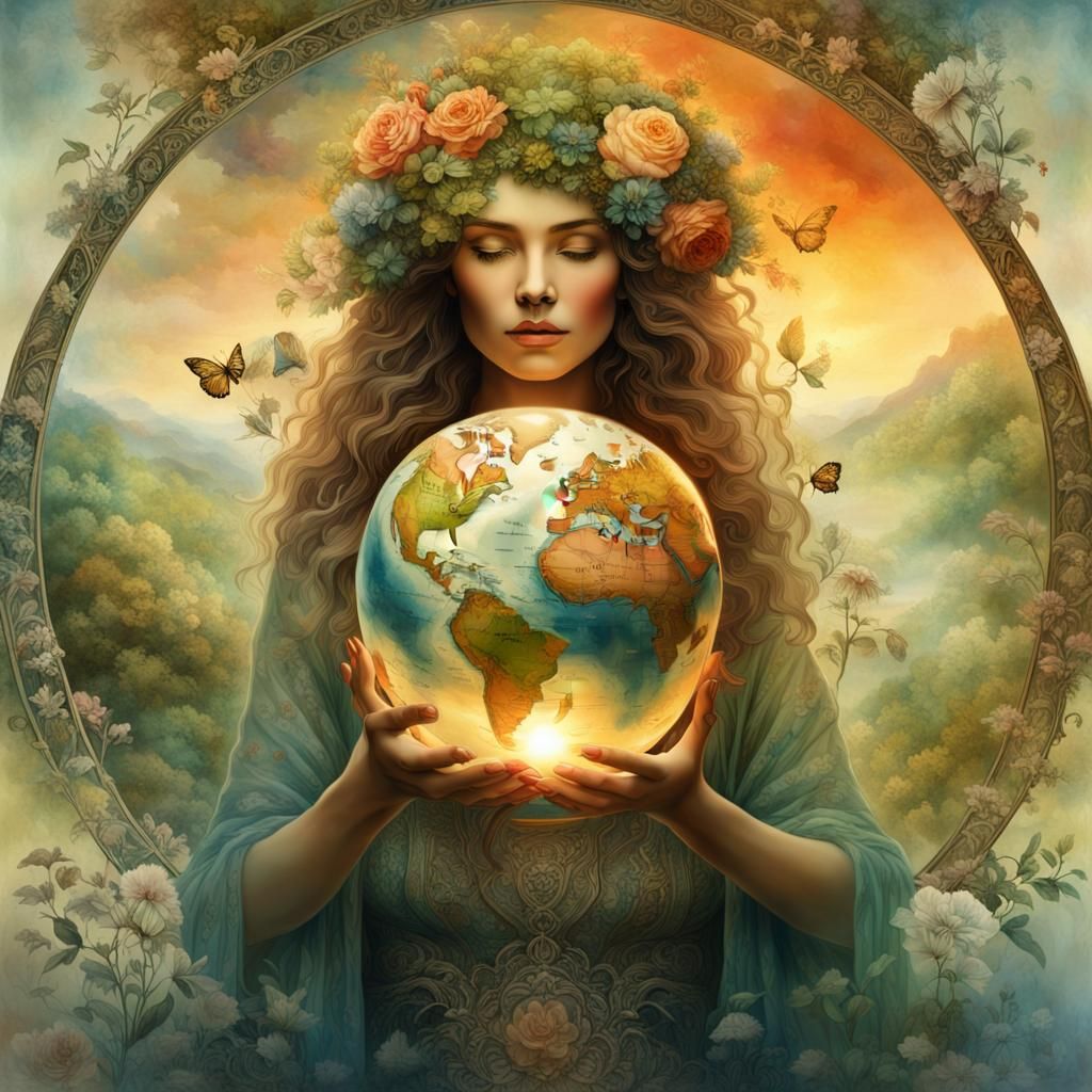 Mother Nature Goddess Holding Glass Earth: Digital Art