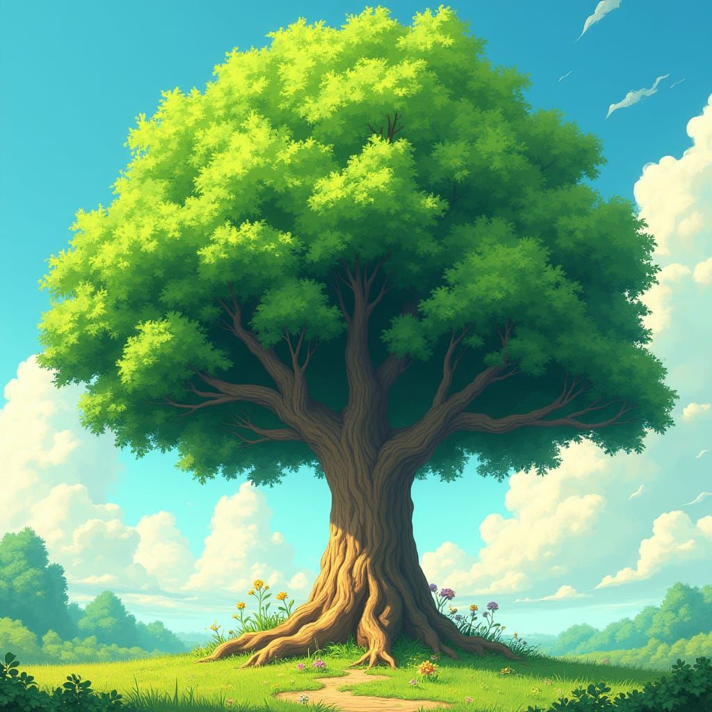 Lush Green Tree Basking in Sunlight, Fantasy Art