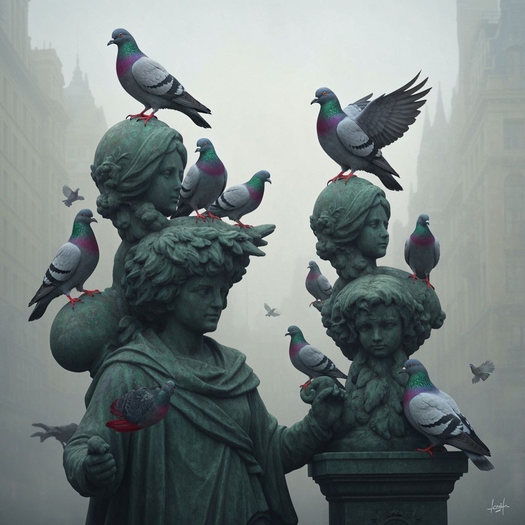 Pigeons in Urban Attire on Ornate Statues, Ultra-Realistic
