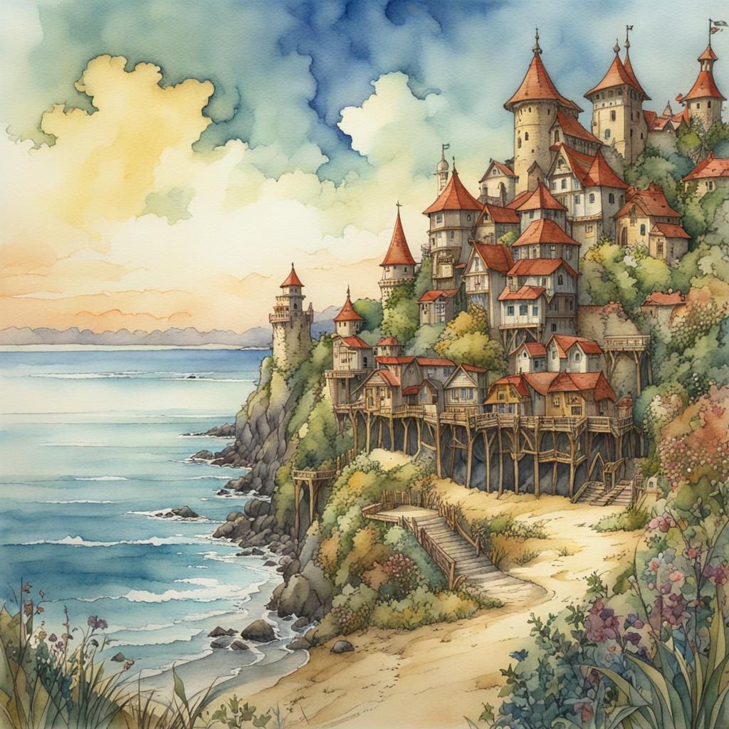 Medieval Seashore Landscape in Watercolor Style