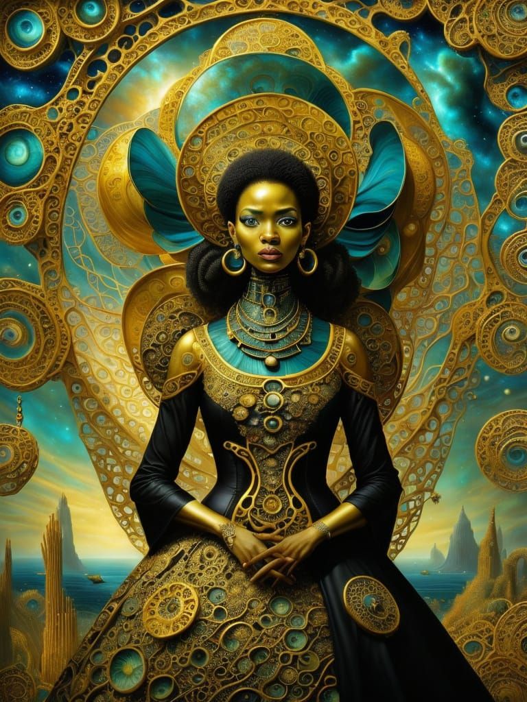 Afrofuturistic Woman in Gold Dress, Cinematic Portrait