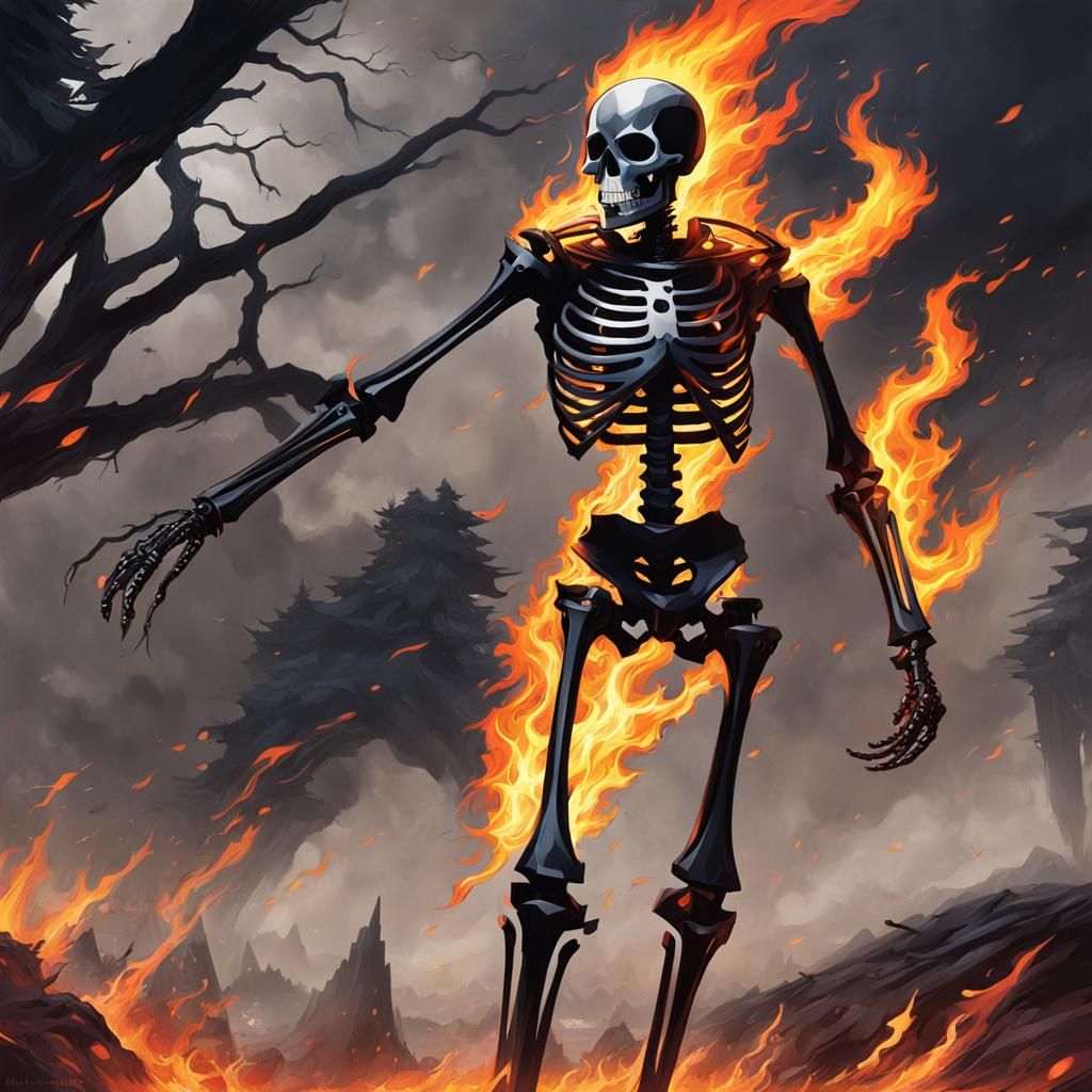 Burning Black Skeleton in Anime Style