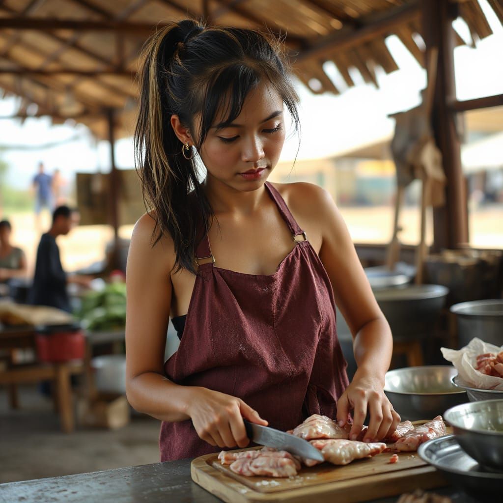 Hmong Woman Preparing Chicken at Market Stall