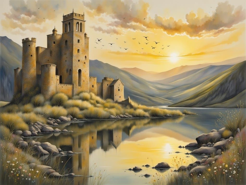 Arabian Ruin City Reflected in Sunset Lake