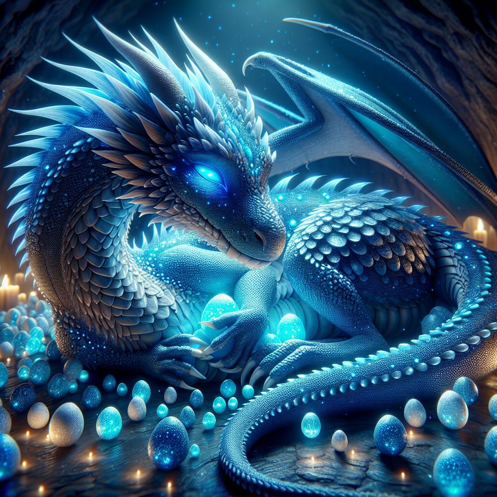 Mother Dragon's Love: Mythical Cave Scene in 3D