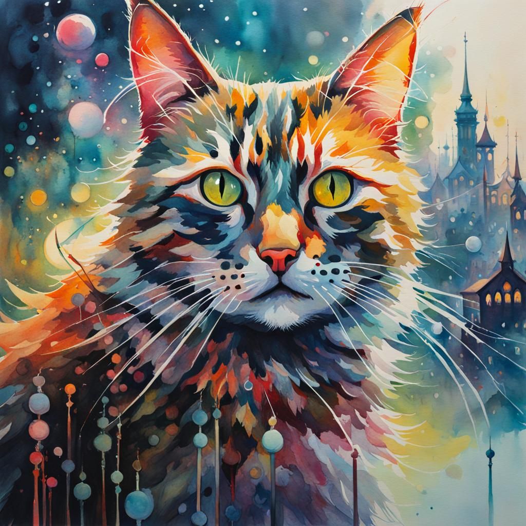 Hyperdetailed Watercolour Cat Portrait in Fantasy Style