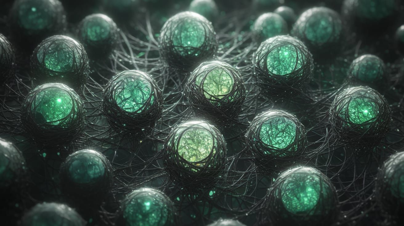 Ethereal Organic Web of Fractal Spheres in Cyberpunk Aesthet...