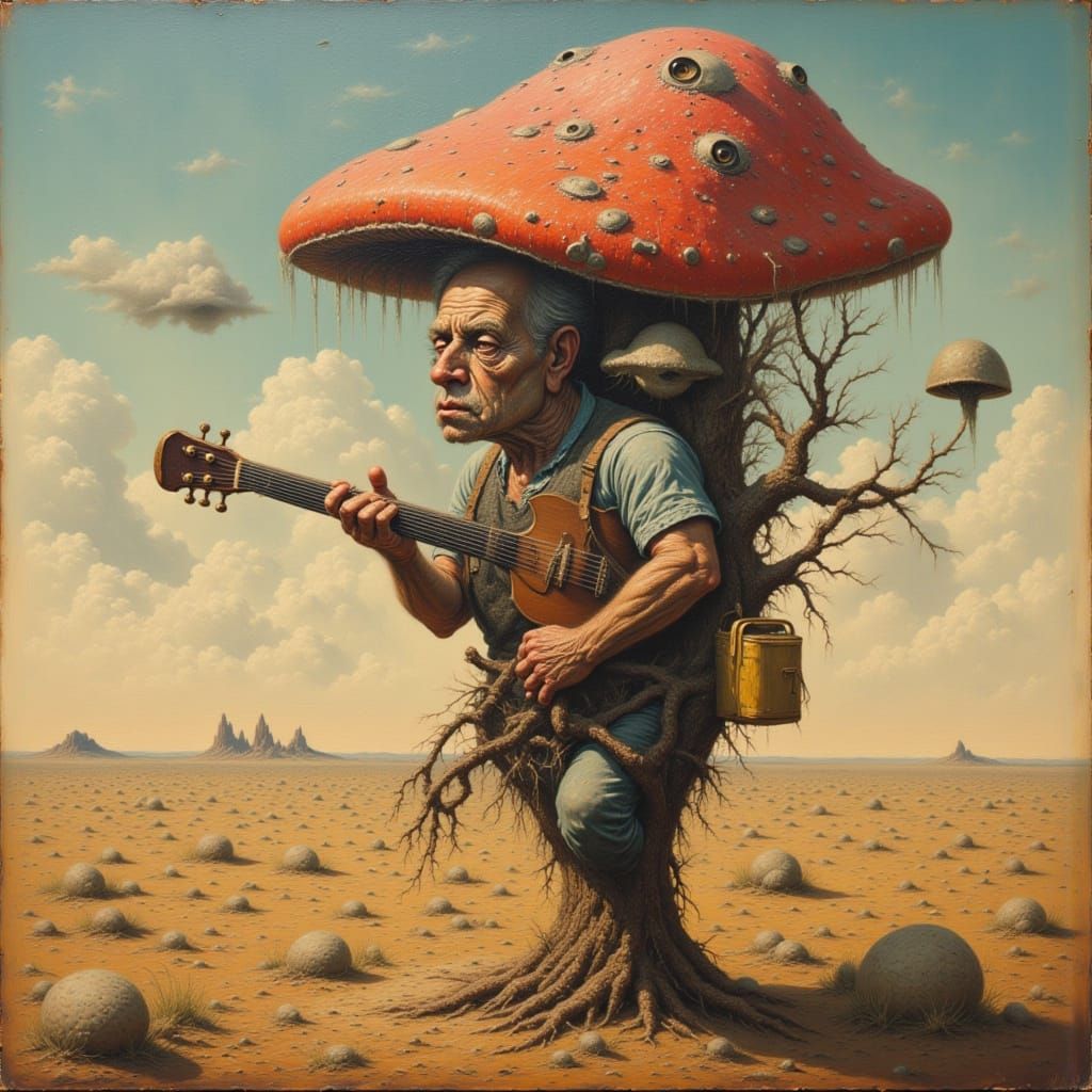 <lora:Pulp Cover Art:1.0> <lora:Pink elephants:1.0> <lora:eye in the sky:1.0> Hurdy-gurdy mushroom man
