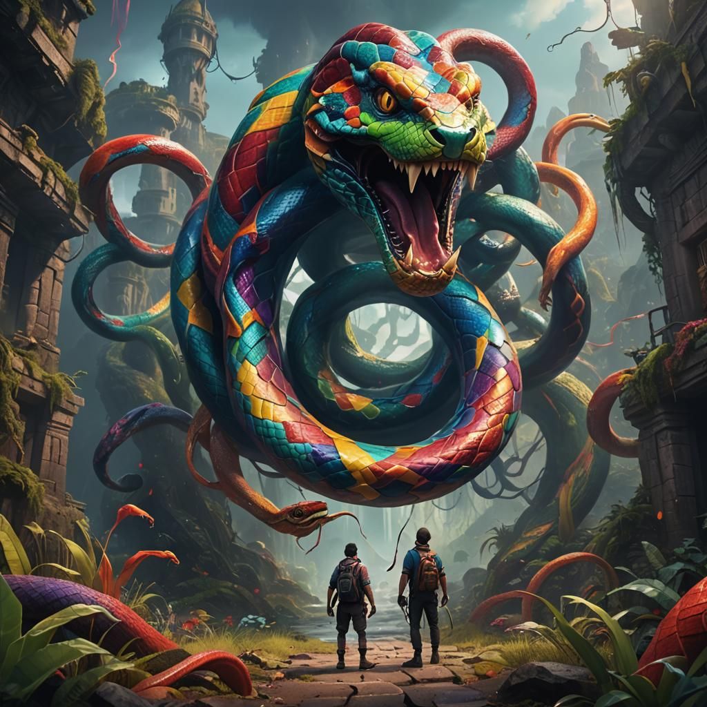 Rainbow Snake Swallows Human: Fantasy Concept Art