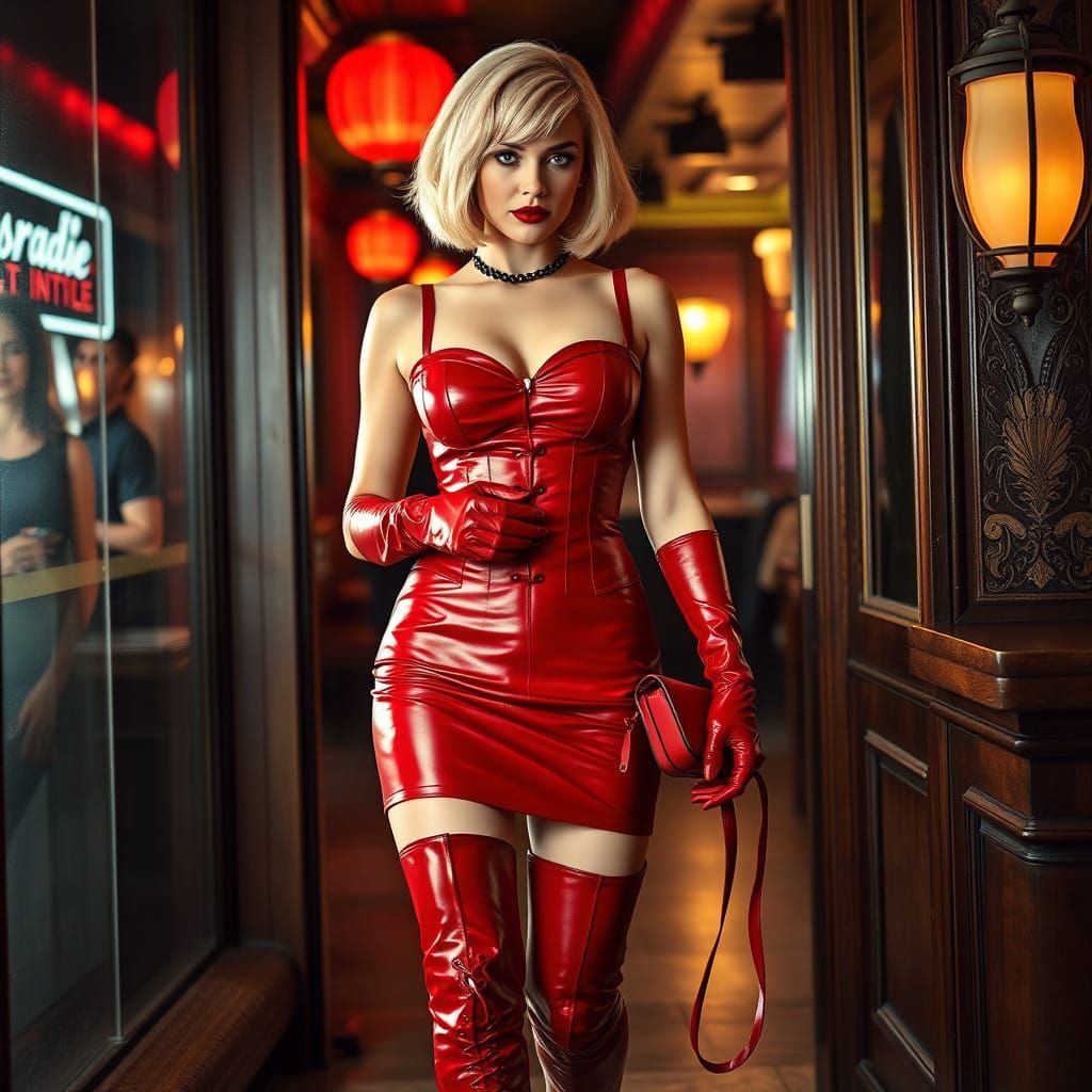 Sultry Flapper in Red Leather Attire Enters Exclusive Nightc...