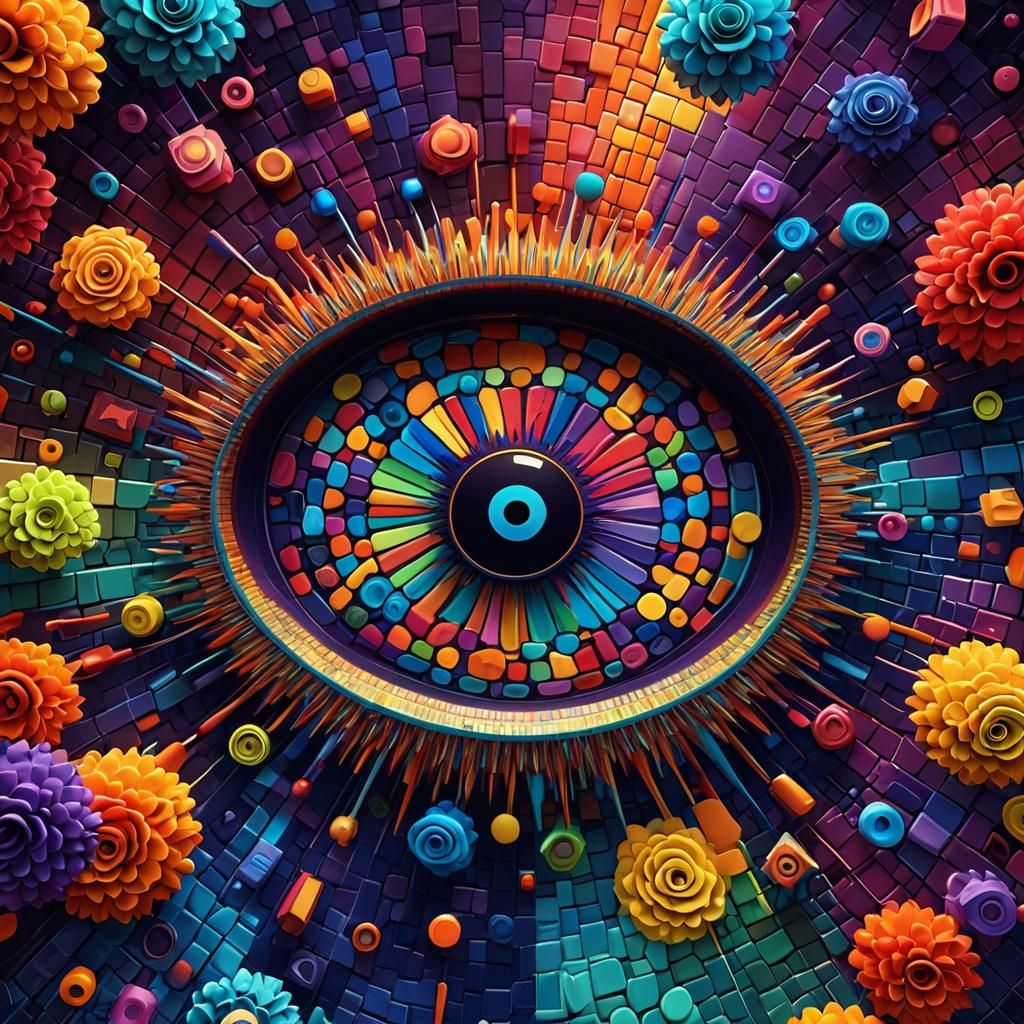 Eccentric repeating geometry patterns brightly colored mosaic tiles but fluffy. Pixar, Disney, concept art, 3d digital a...