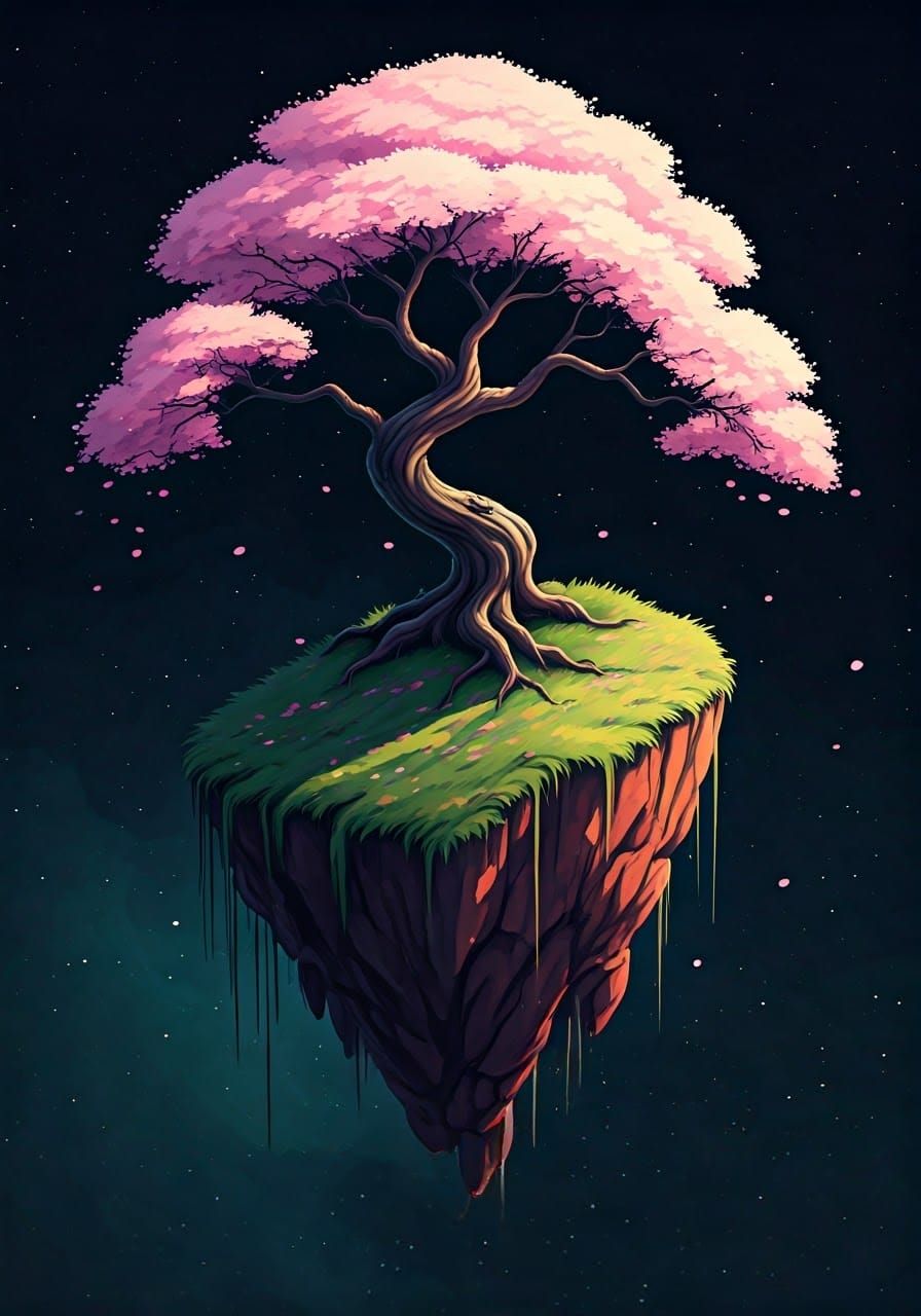 Cherry Blossom Tree Floating in Space: Digital Art