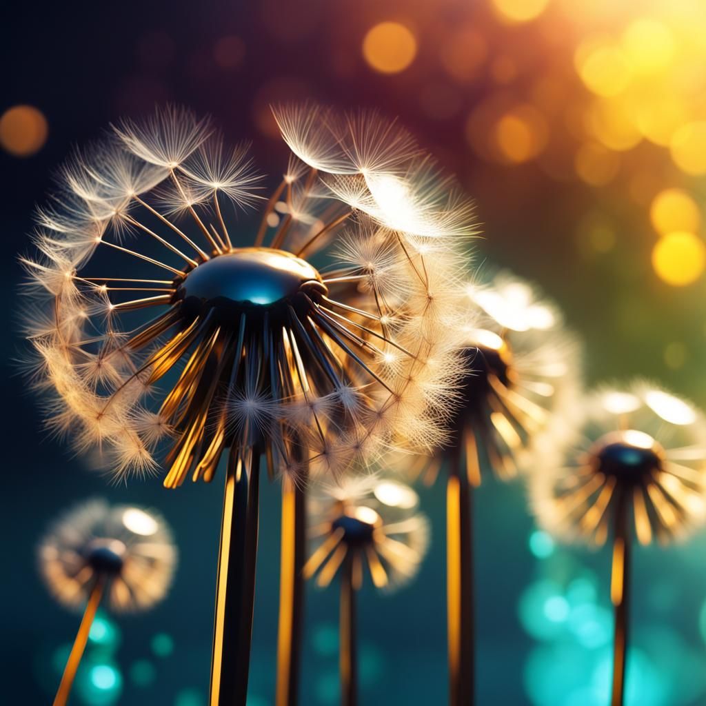 Hyperrealistic Metal Dandelions in Dramatic Lighting