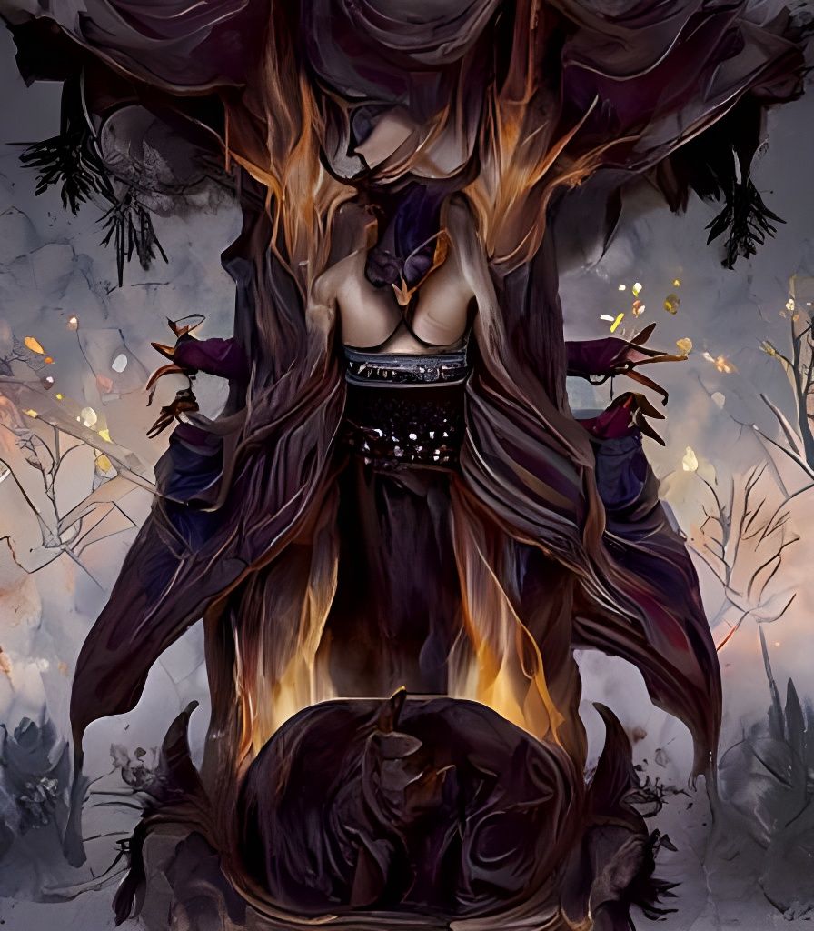 a shaman performing a ritual over a fire with arms wide open...