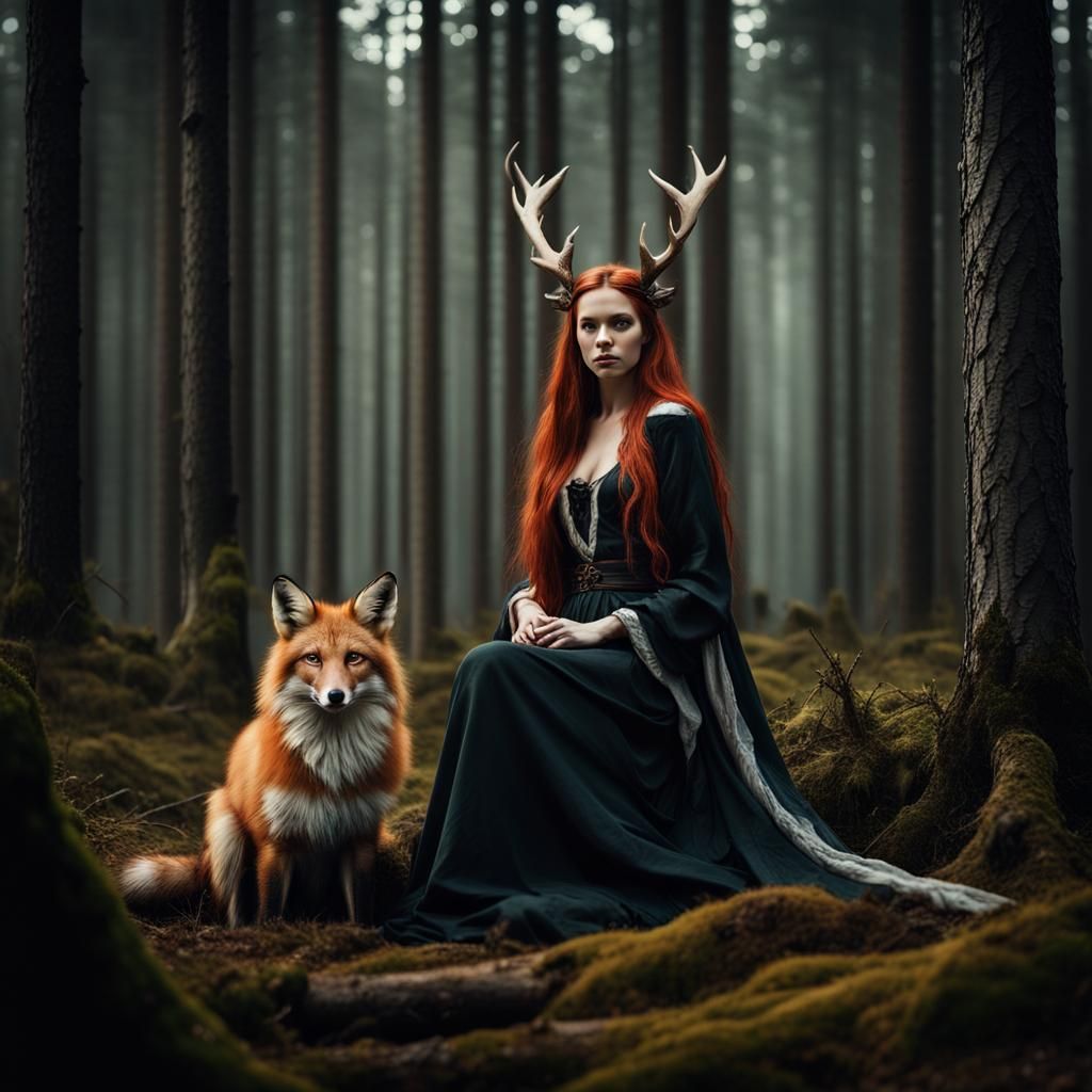Mystical Forest Woman with Fox Portrait in 8K
