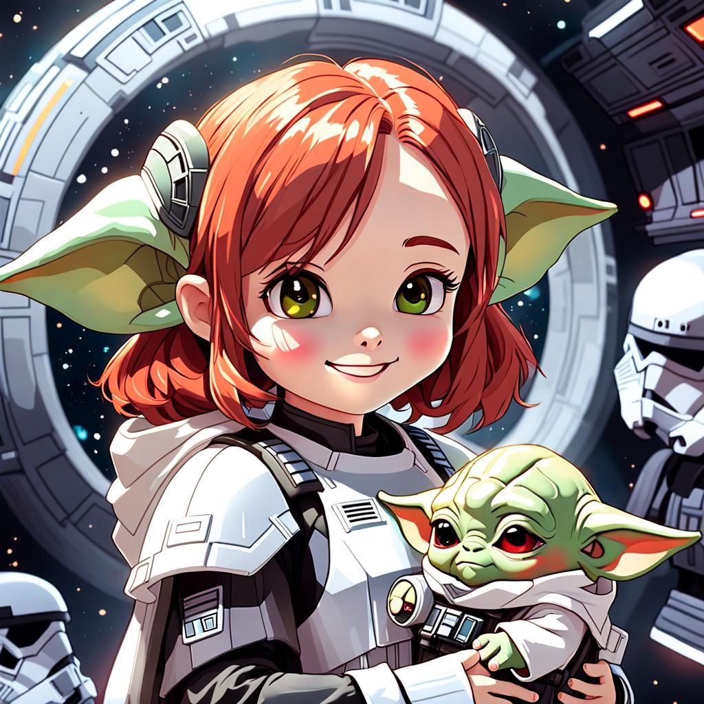 Girl in Stormtrooper Costume with Baby Yoda Plushie