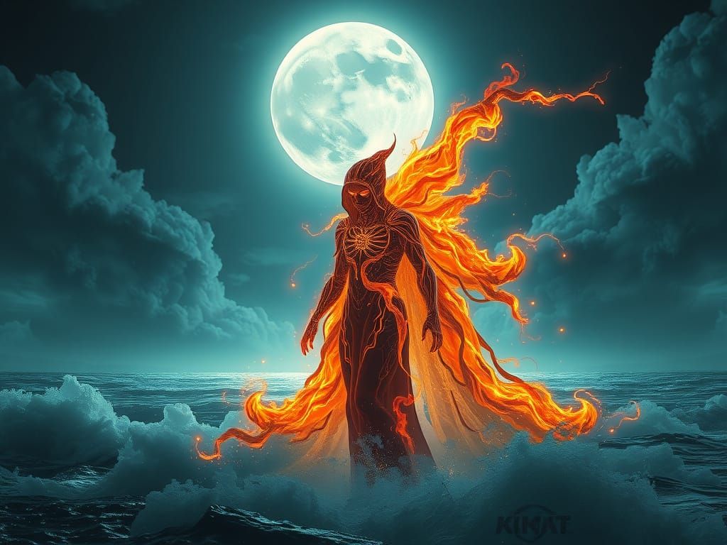 Mystical Cyberpunk Figure on Stormy Ocean Shore