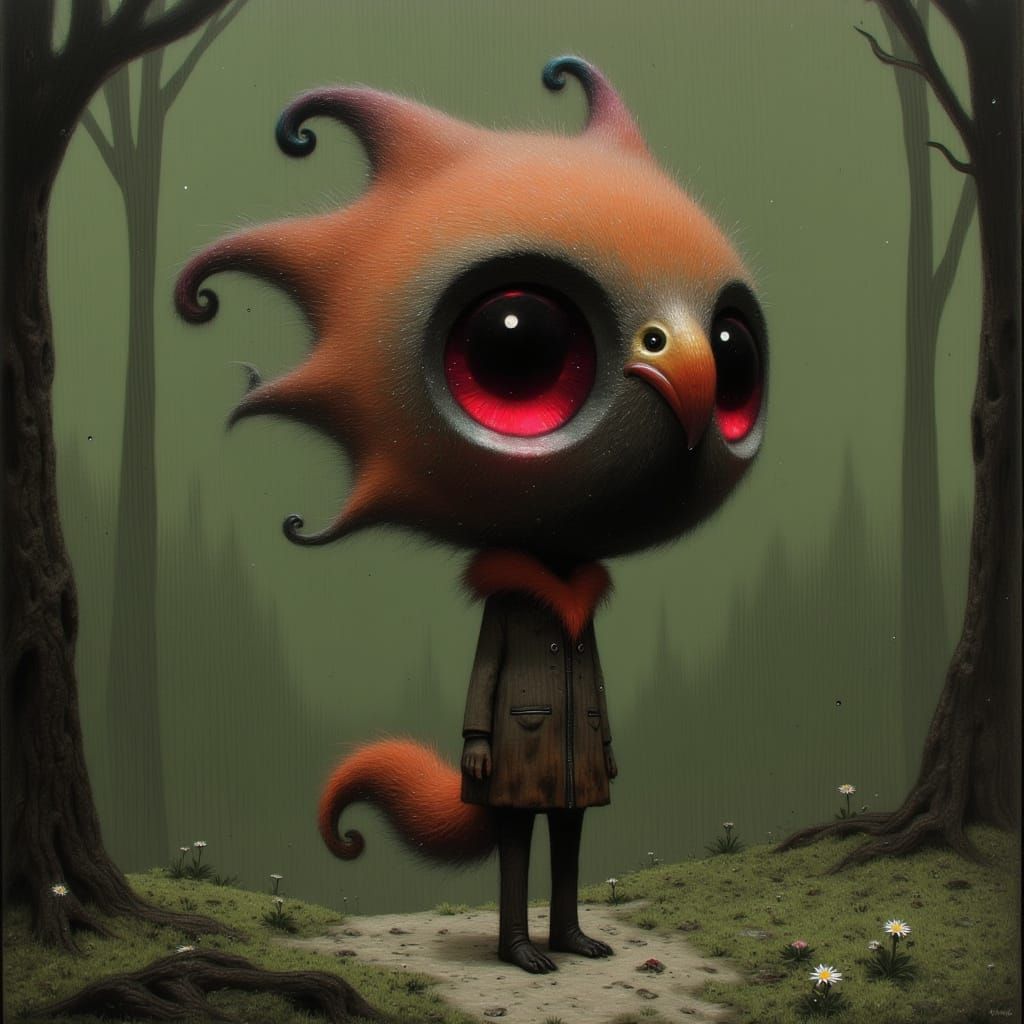 Chibi Hybrid Creature of Bird and Cat in Forest