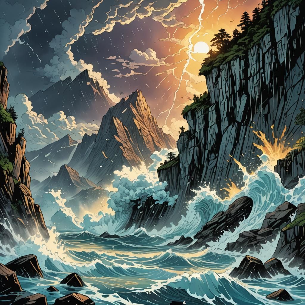 Dramatic Glacier Calving at Sunset: Retro Fantasy Art