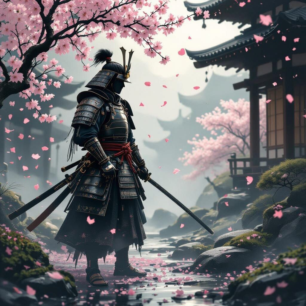 Samurai in Misty Garden with Falling Cherry Blossoms