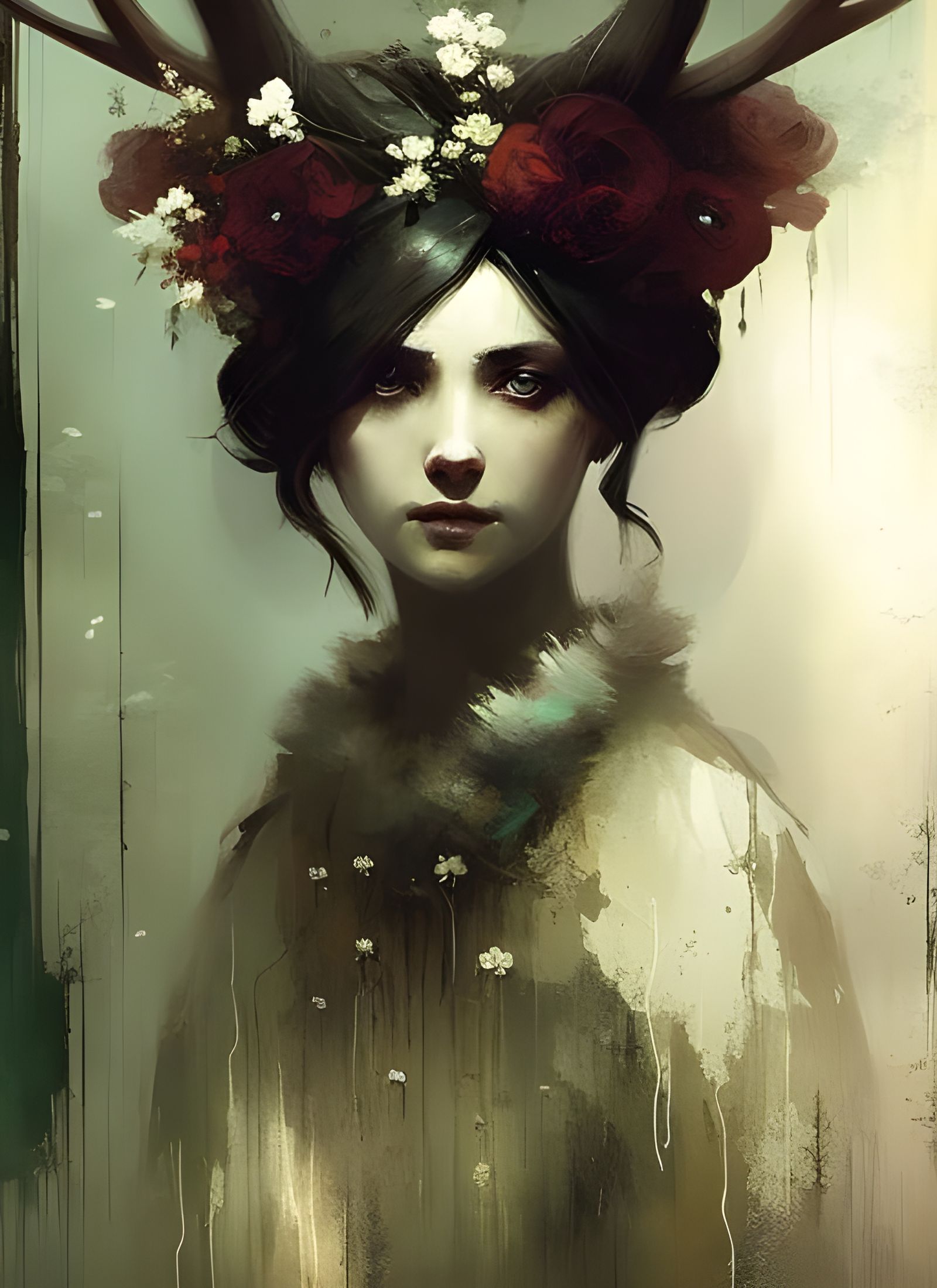 Ghost Woman Portrait with Antlers and Flowers