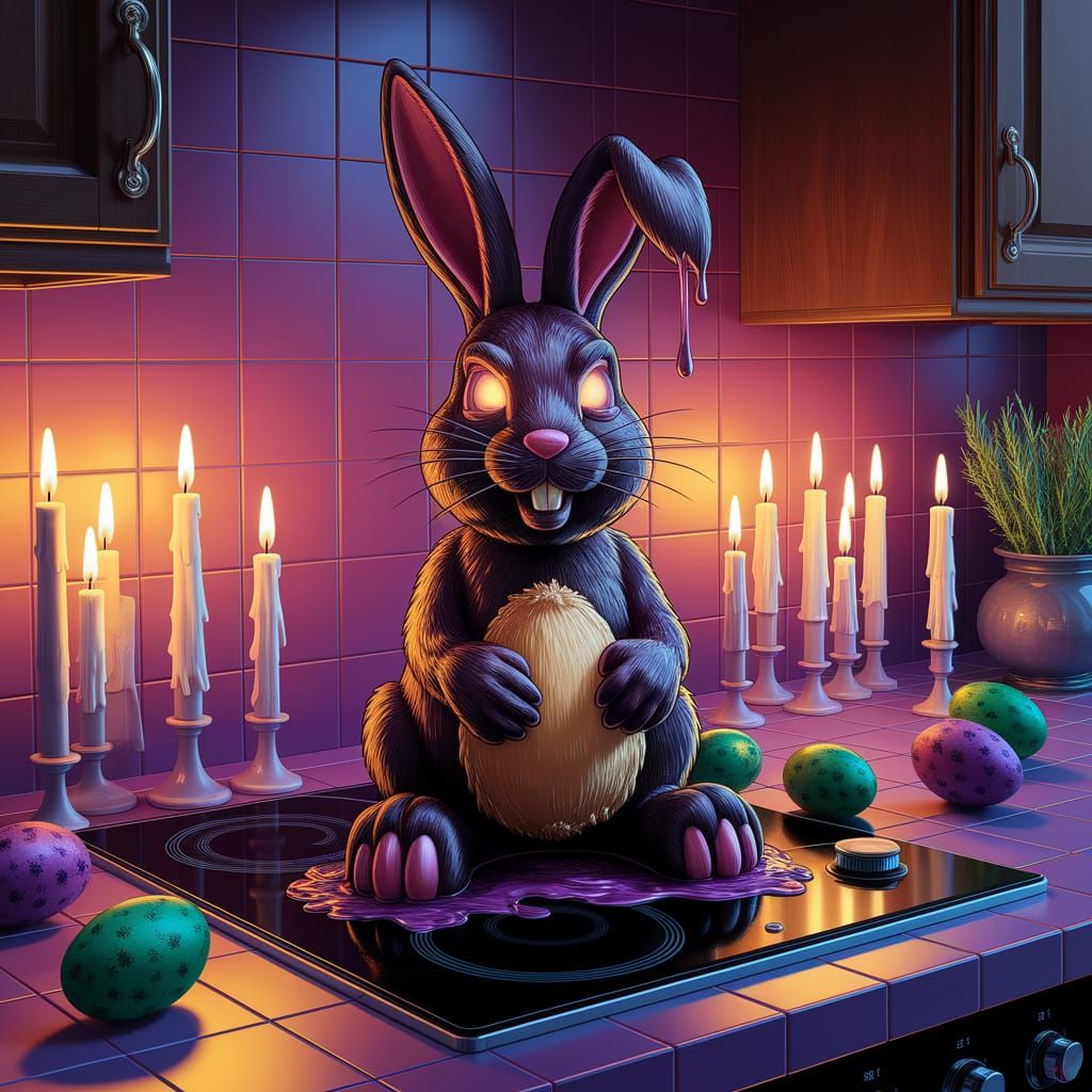 Dark Chocolate Easter Bunny in Eerie Giger-Style Kitchen