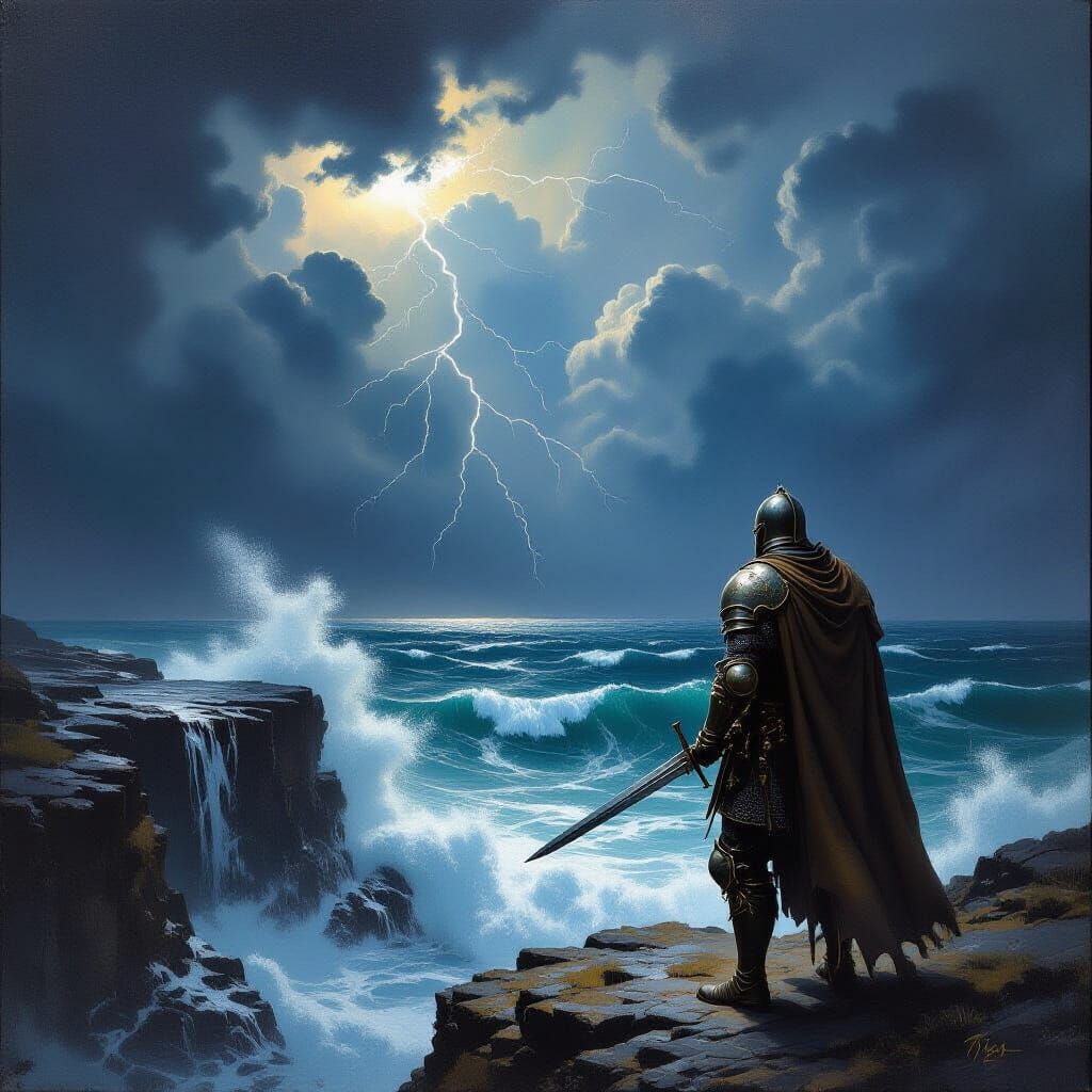 Knight on Cliff Overlooking Stormy Sea