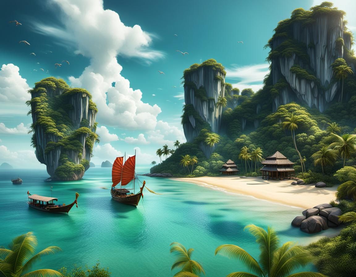 Tropical Thai Paradise Beach Postcard Art