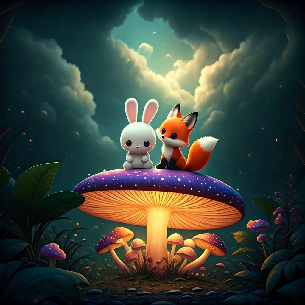 Bunny and Fox on Mushroom, Digital Art