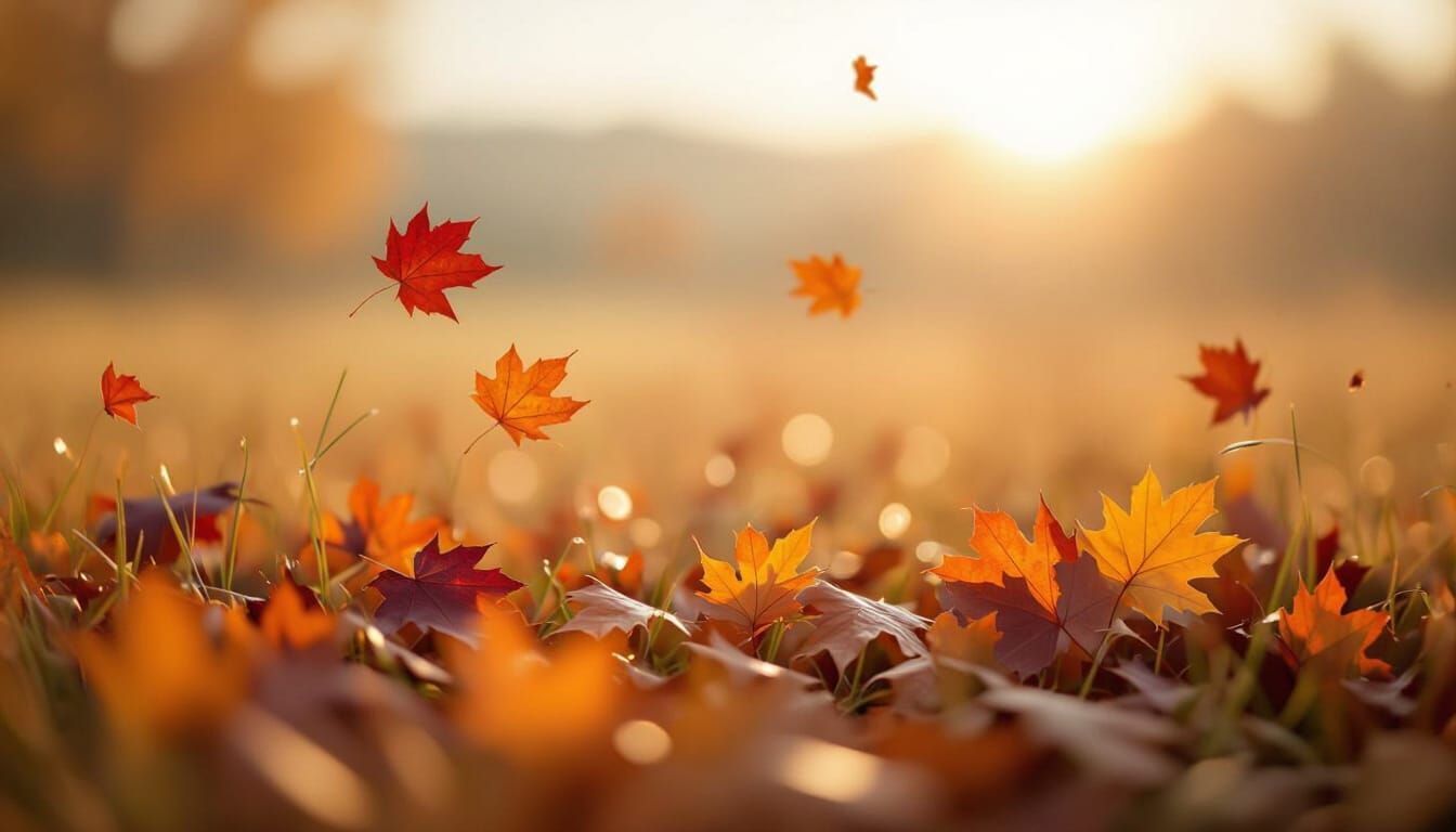 Autumn Farm Landscape with Falling Leaves and Bokeh