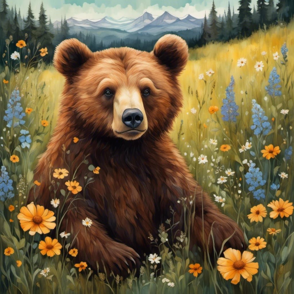 Brown Bear Cub in Wildflower Meadow, Art Nouveau Style