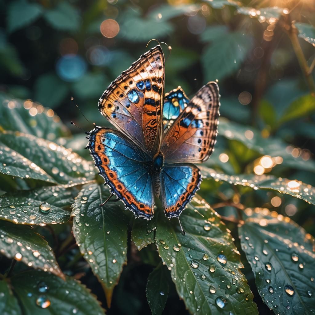 Iridescent Butterfly on Dewy Leaf: Macro Cinematography