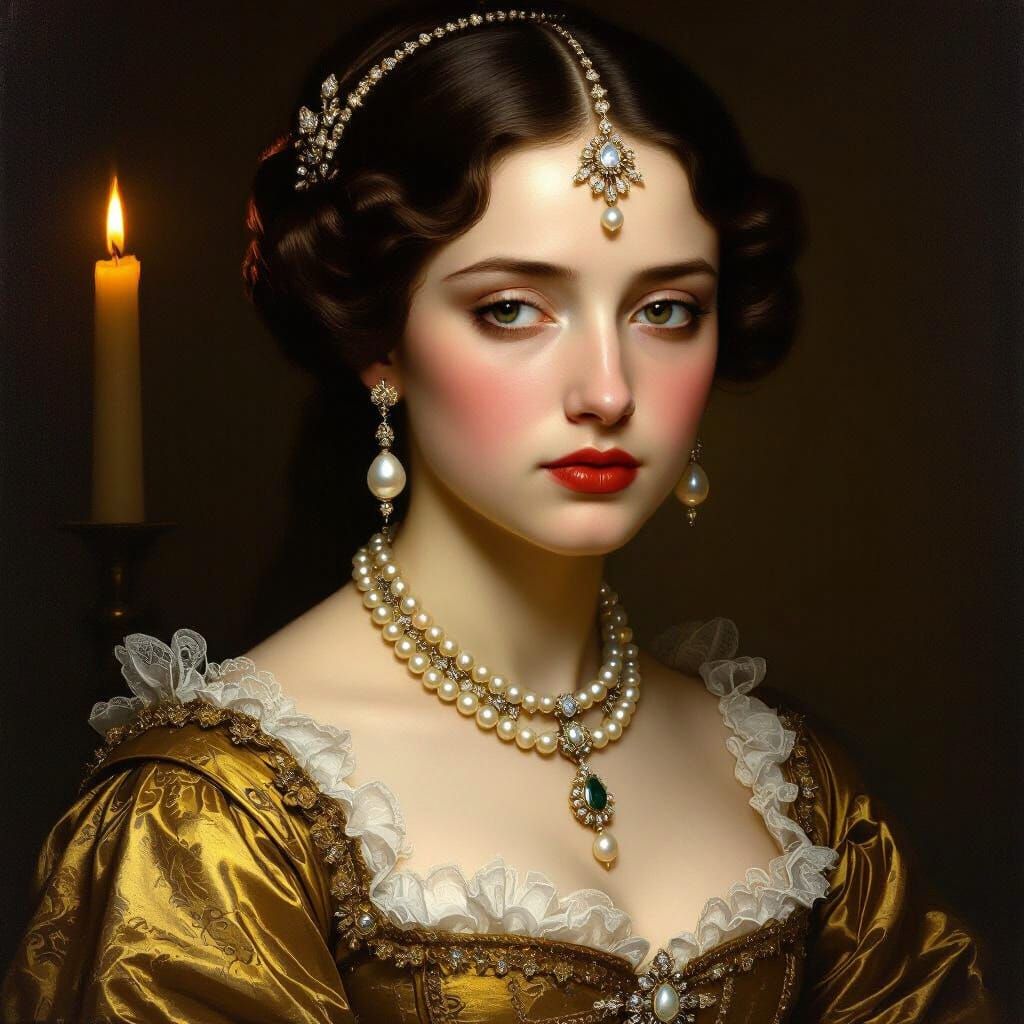 Baroque Portrait of Sad Lady in Gold Dress with Pearls