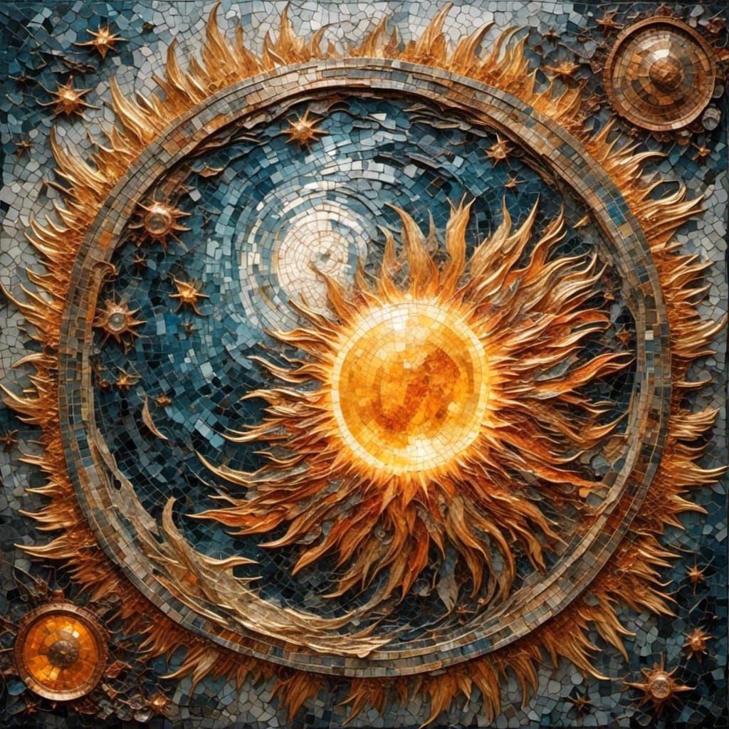painting of an extremely large sun with sunbeams stretching out to the land intricate details. Vivid colors <lora:Mosa...