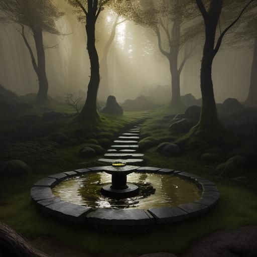 Mystical Wishing Well in Ancient Forest, Northern Renaissanc...