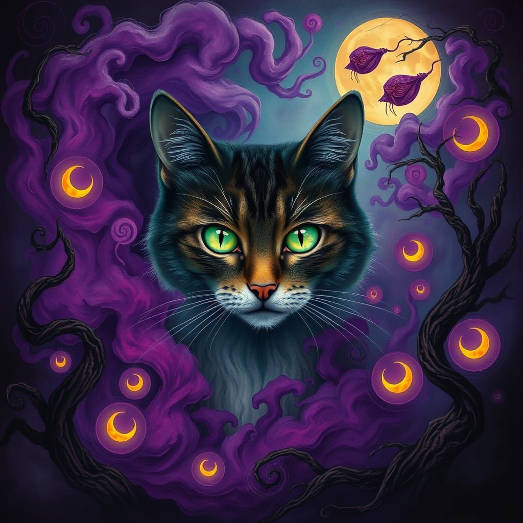 Surreal Mystic Cat in Vibrant, Symbolic Style
