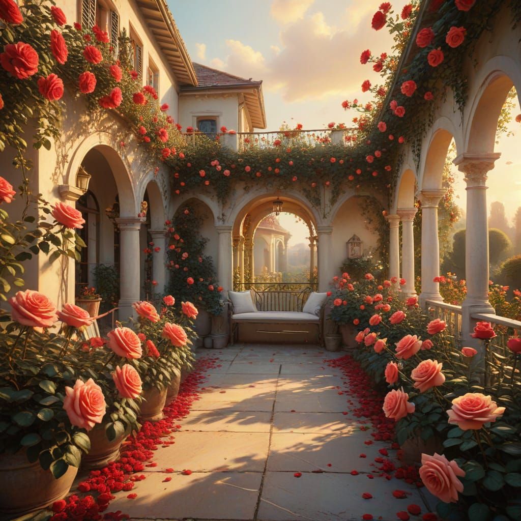 Scarlet Roses Adorned Veranda in Vibrant Oil Painting Style