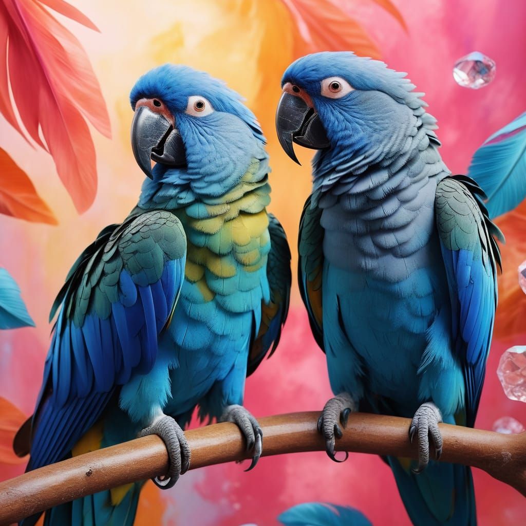 Magical Blue Parrots in Surreal Oil Painting