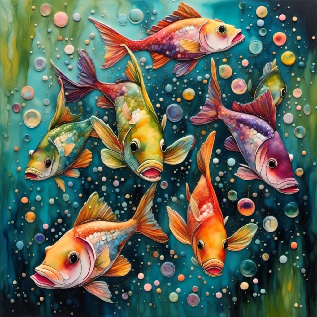 Colorful Fish Leaps from Lagoon in Impasto Style