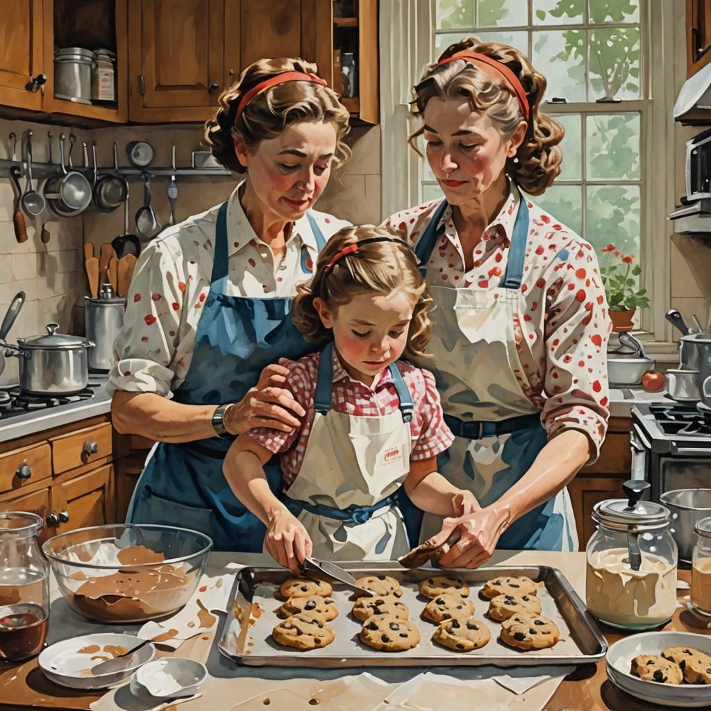 Mother and Daughter Baking in Rockwell-esque Gouache