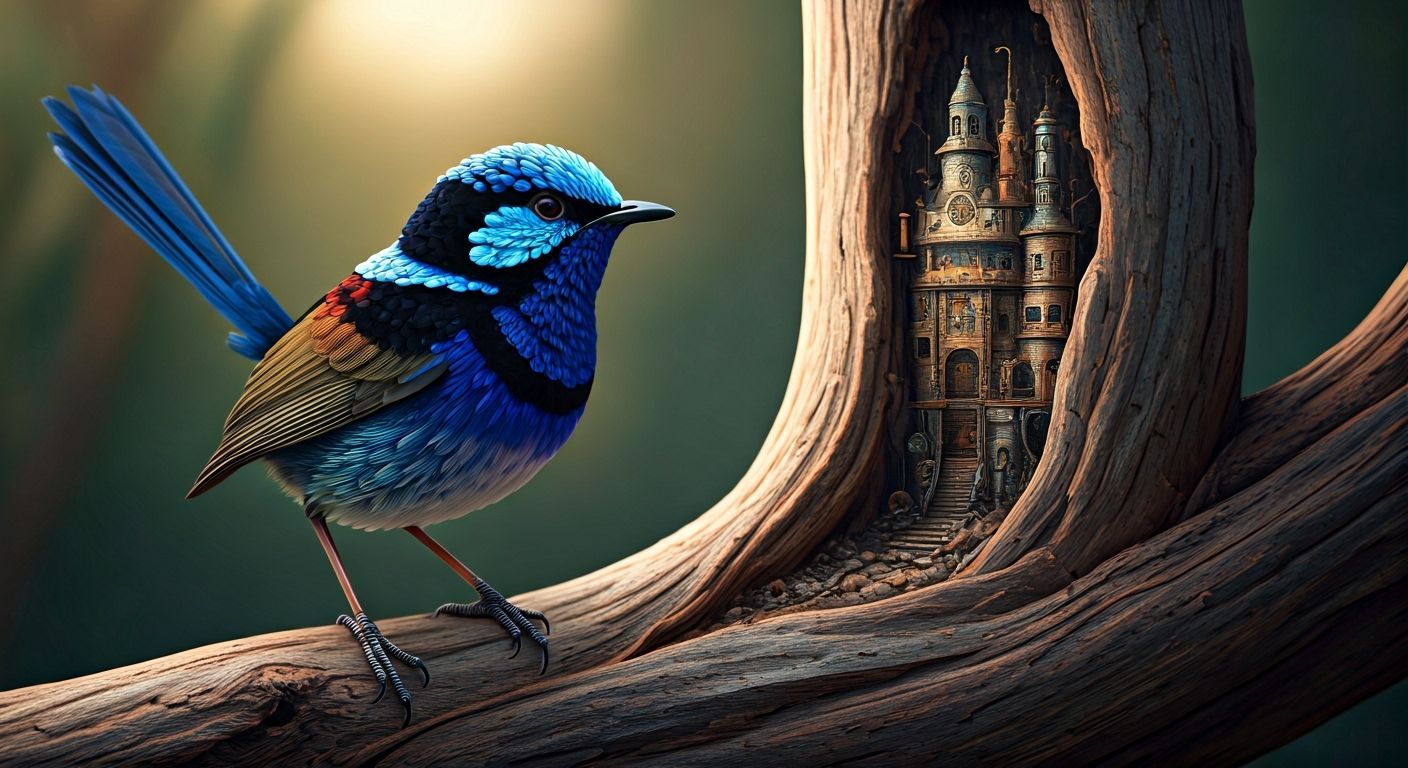 A stunningly lifelike, photographic-realistic depiction of a splendid blue fairy wren bird, Malurus splendens, perched o...