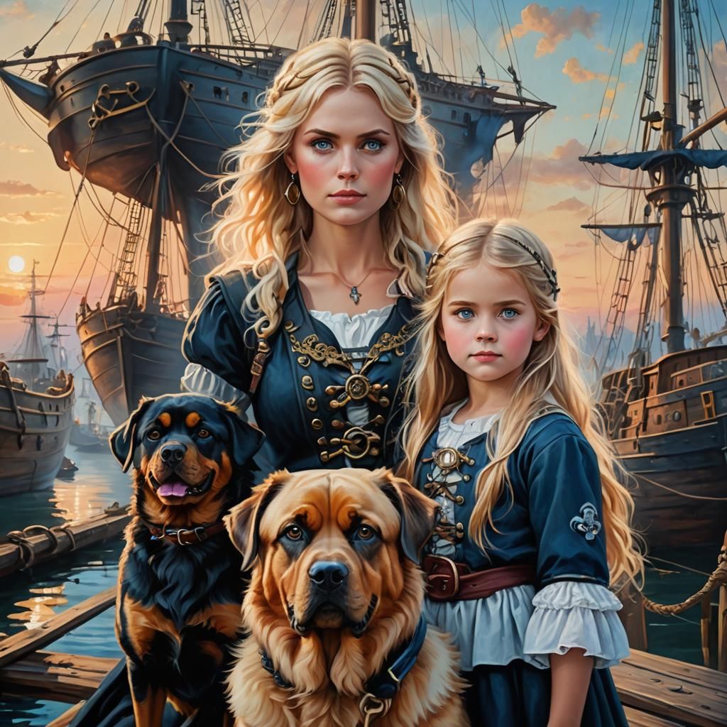 Pirate Mother, Daughter, and Dog in Harbor, Oil Painting