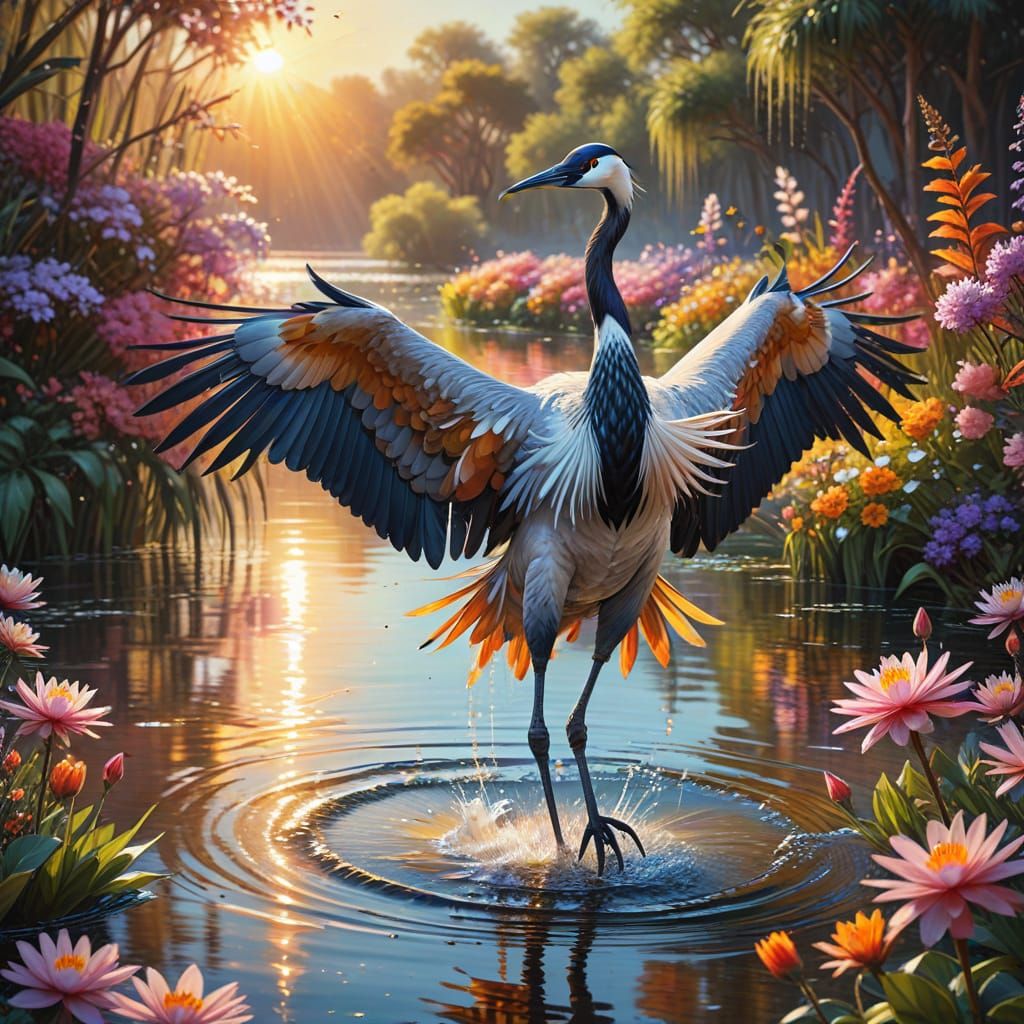 Crane in Pastel Flowers: Vibrant Oil Painting