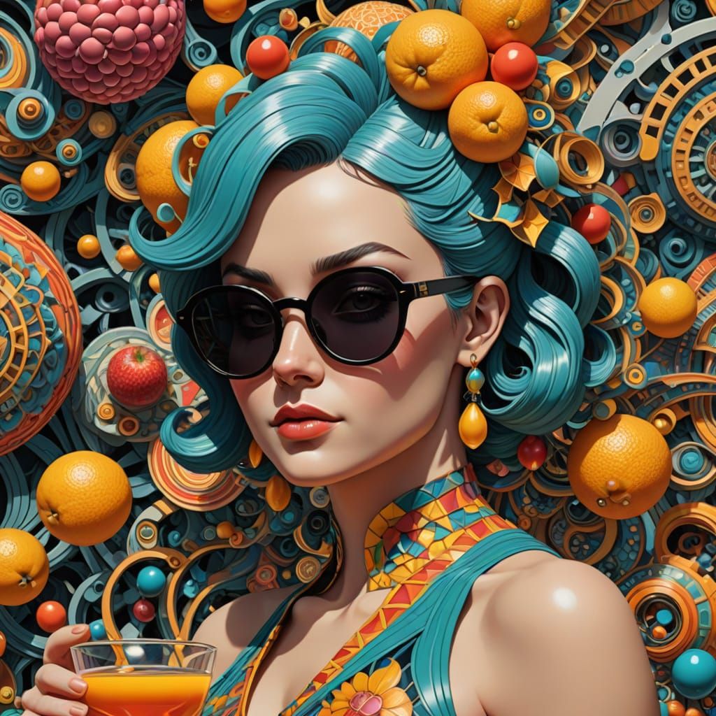 Bulma in Vibrant Beach Scene with Fractal Patterns