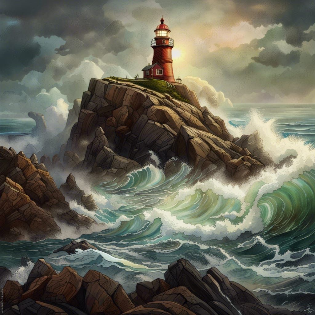 Stormy Lighthouse on Rocky Cliff: Digital Masterpiece
