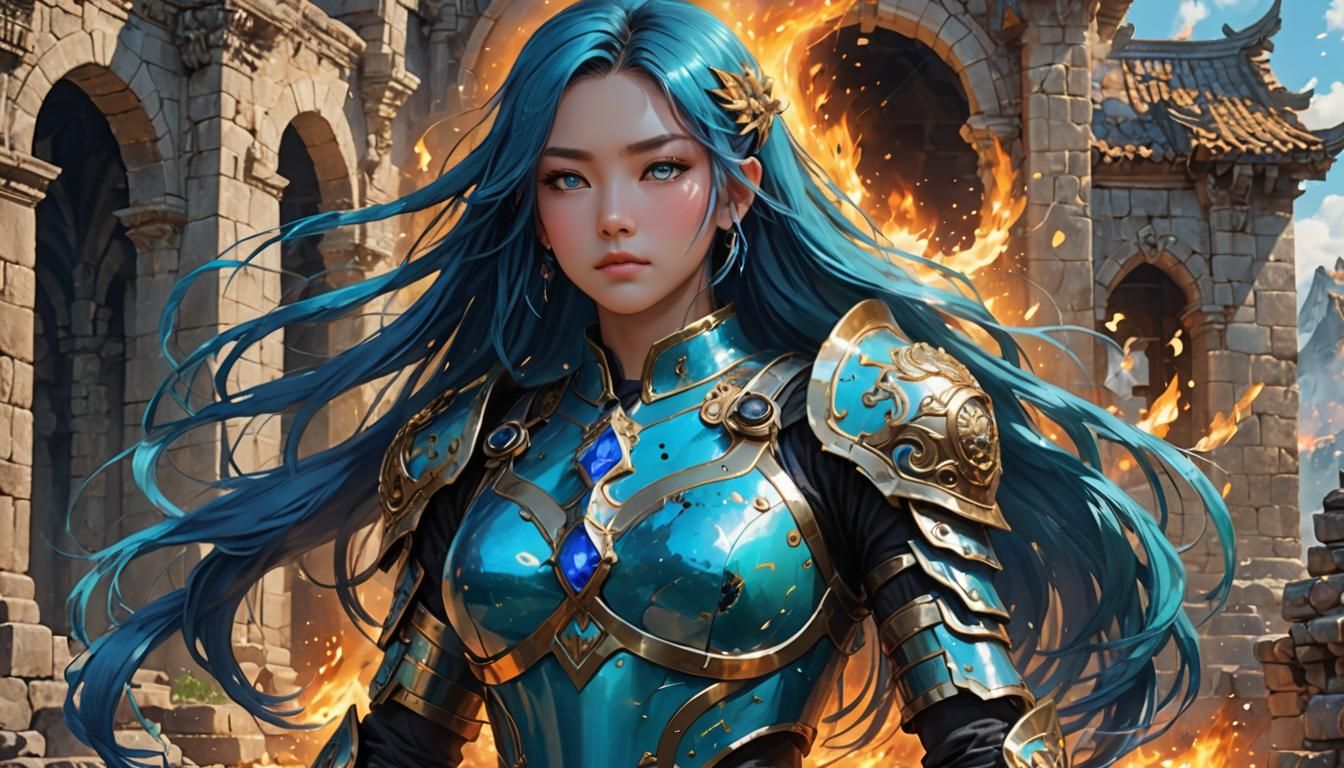 Anime Style Asian Woman in Tanzanite Armor