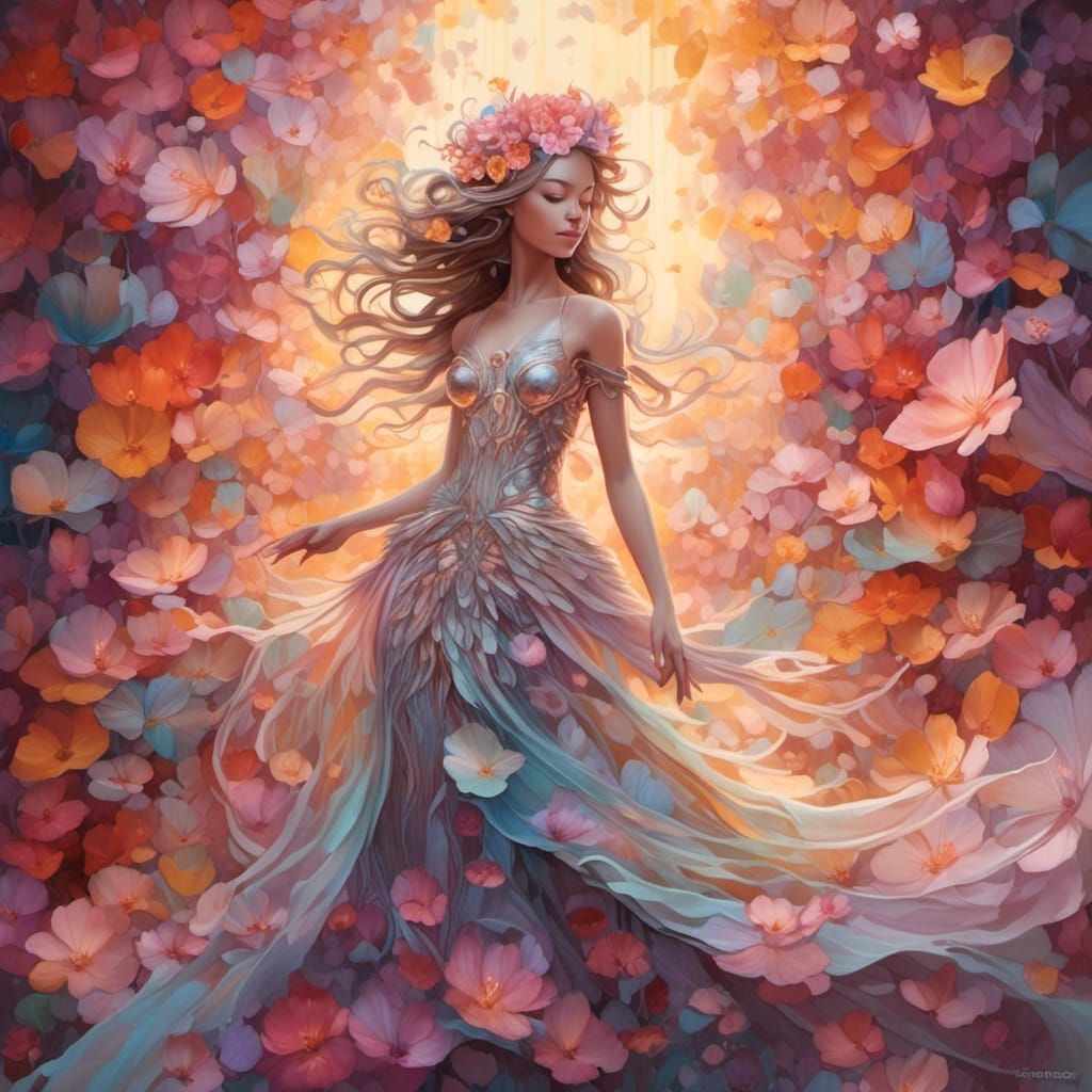 Ethereal Flower Princess in Metallic Watercolor Style