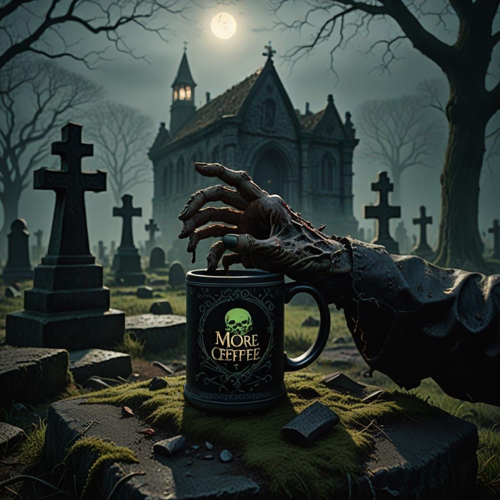 Zombie Hand Grasps Coffee Mug in Misty Graveyard